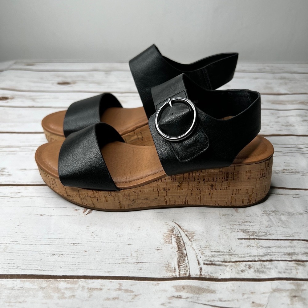 EuroSoft Finnly Wedge Sandals Black Cork Platform Buckle Strap 6M